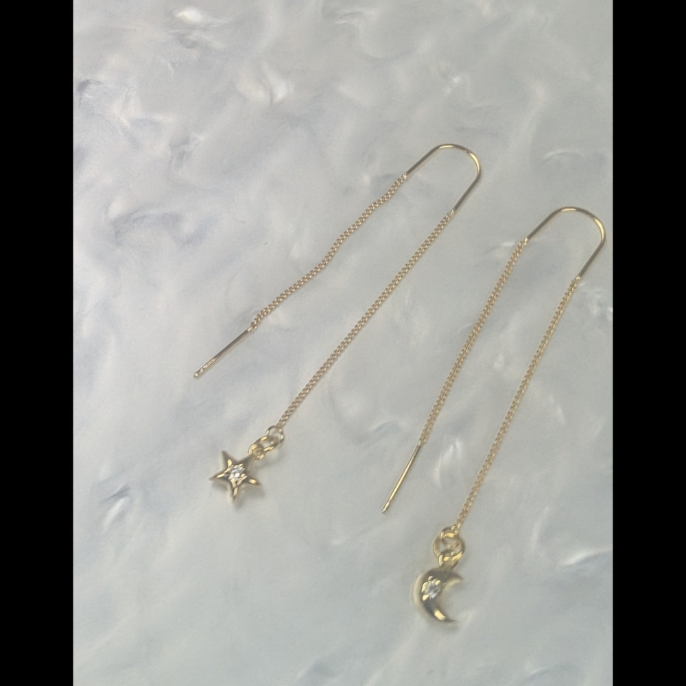 18k Gold Star and Moon Threader Earrings  Gold Plated Celestial Earrings - Picture 4 of 4
